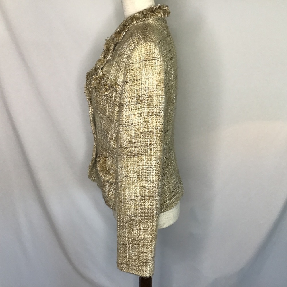 LIA Lee Blazer Size Medium Jacket Soft Tweed Fringe Button Down Tan Brown - Picture 5 of 12